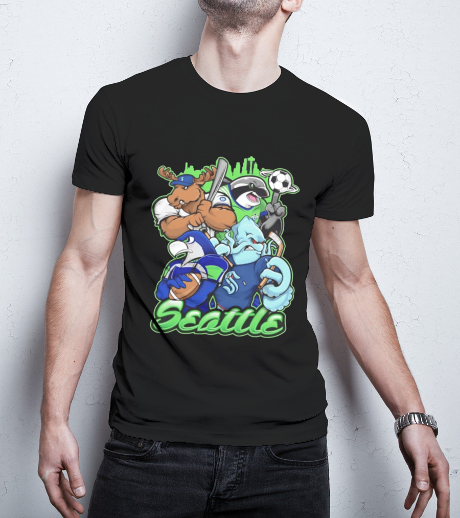 Seattle Sports Team Mascot Mashup With Moose Orca Octopus Bird Skyline T-Shirt