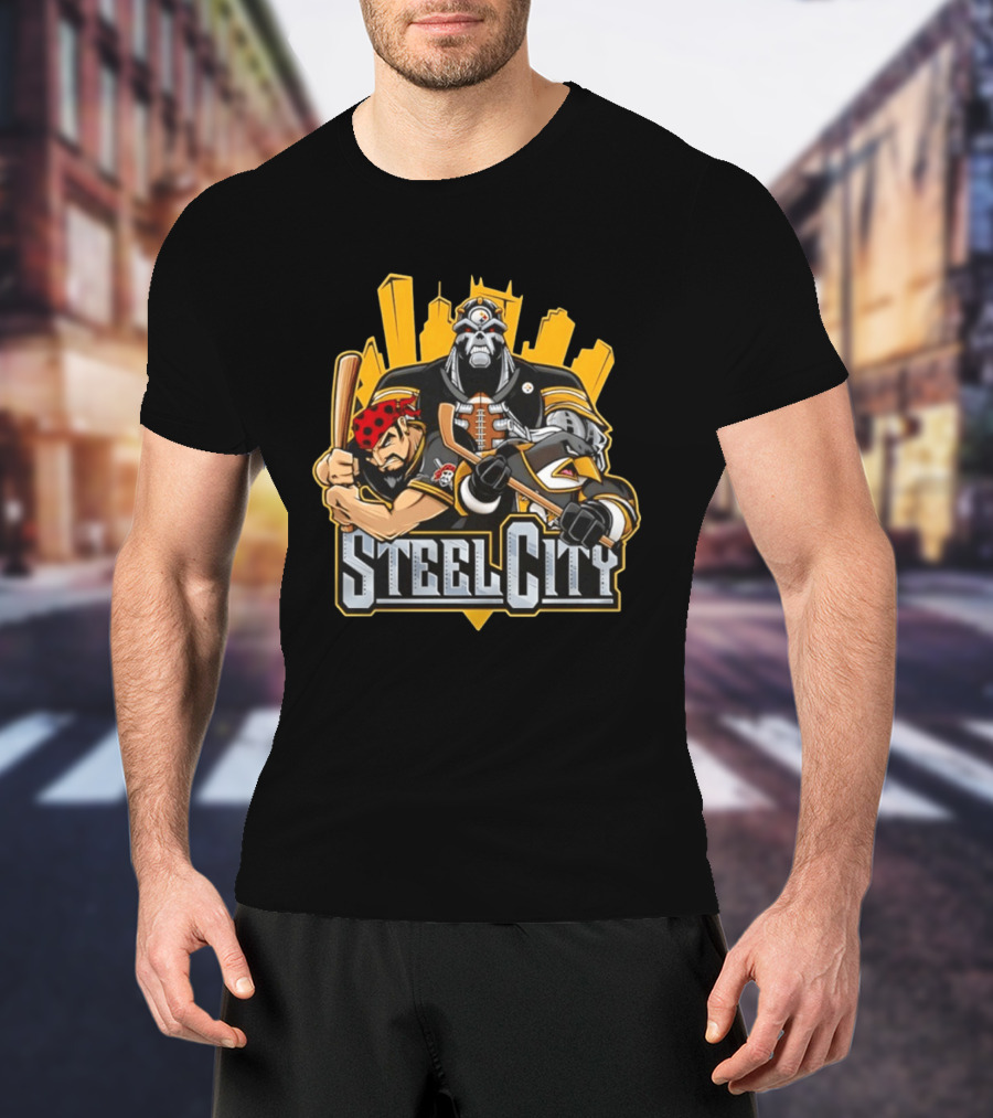 Steel City Pittsburgh Steelers Pirates Penguins Collage 2026 T-Shirt