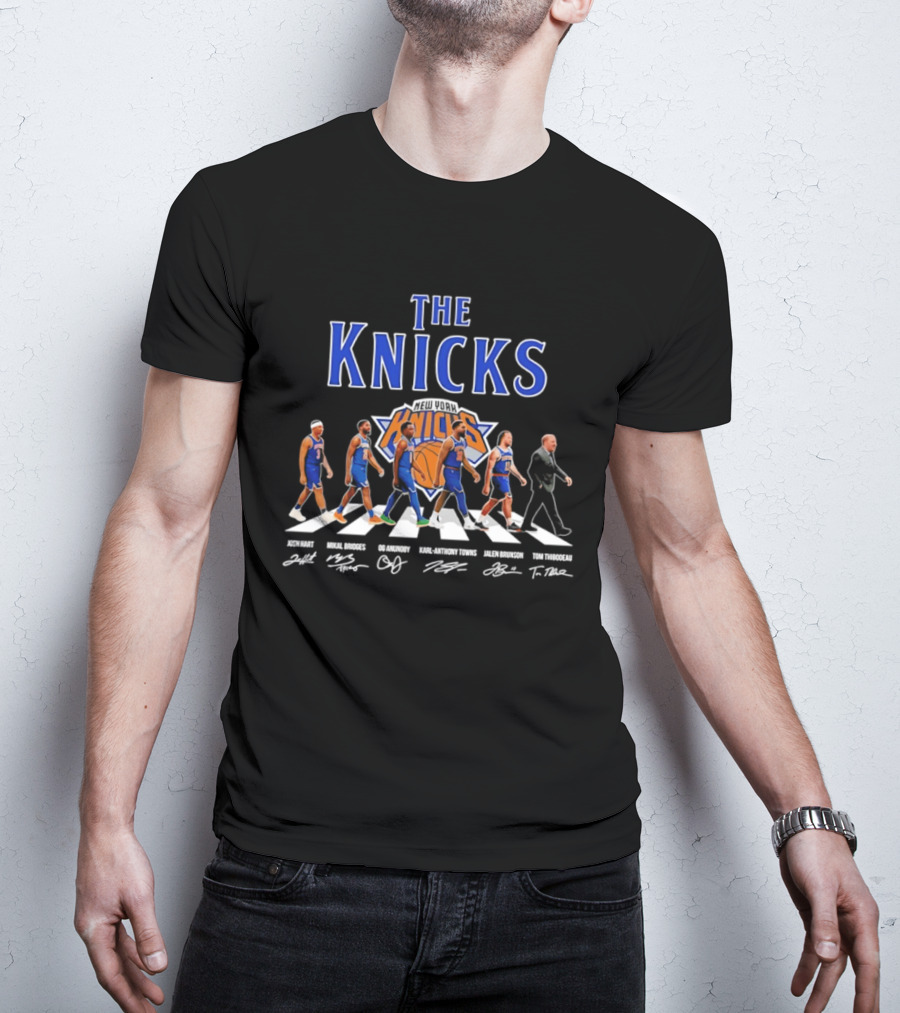 The Knicks Josh Hart Mikal Bridges OG Anunoby Karl Anthony Towns Jalen Brunson Tom Thibodeau Signatures Walking Knickerbockers T-Shirt