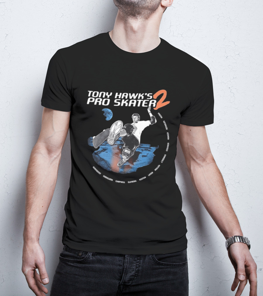 Tony Hawk's Pro Skater 2 Hawk's Back With New Technology New Pros And New Tracks 2 Sided Flip McTwist Skateboarding Legends T-Shirt