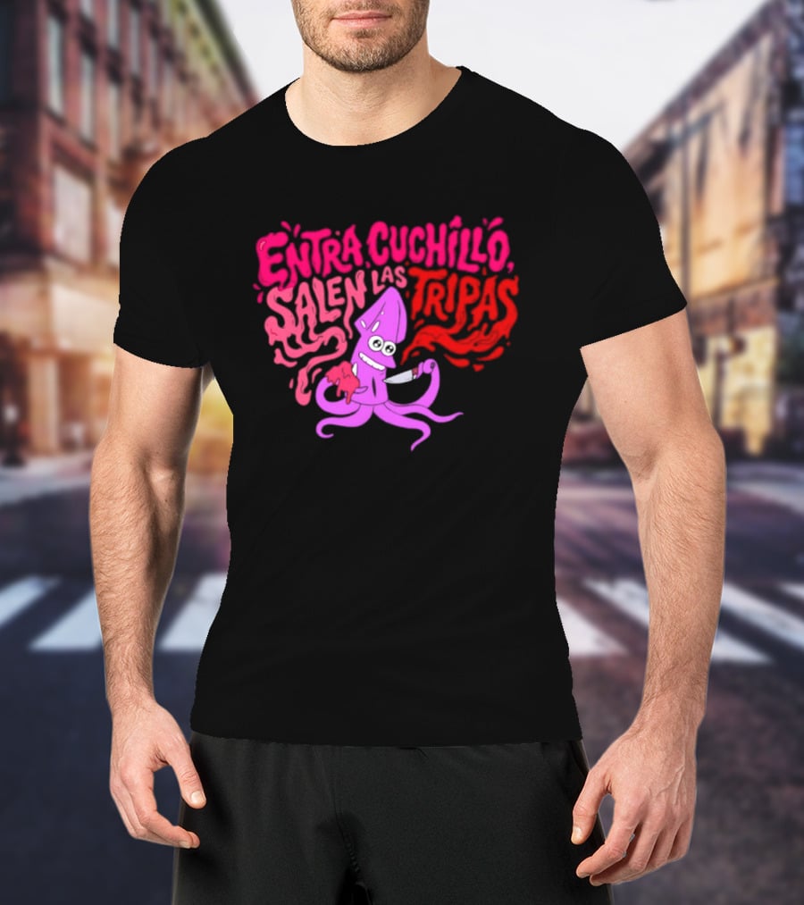 Entra Cuchillo Salen Las Tripas Squid Cartoon Knife Fun T-Shirt