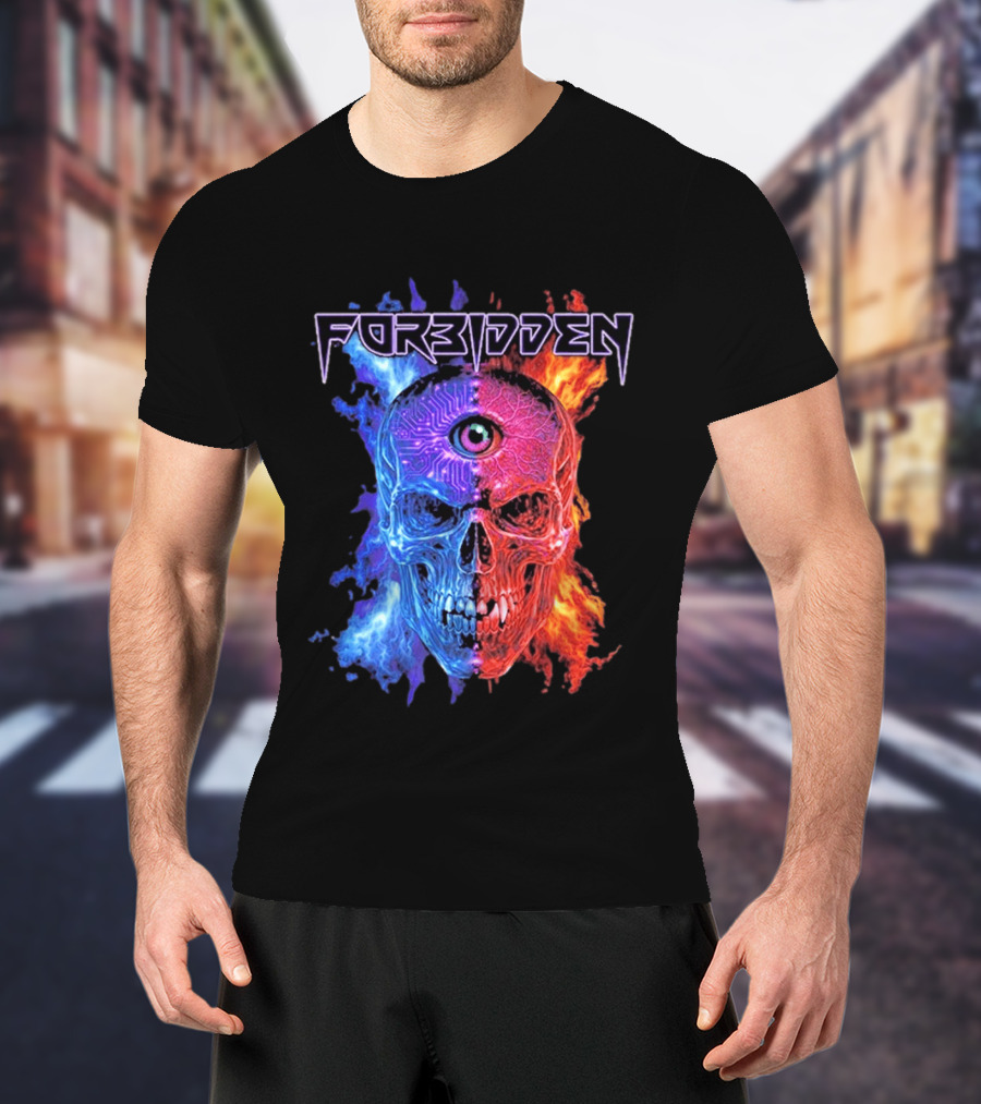 FORBIDDEN Skull Eye Flames Blue Red Fusion T-Shirt
