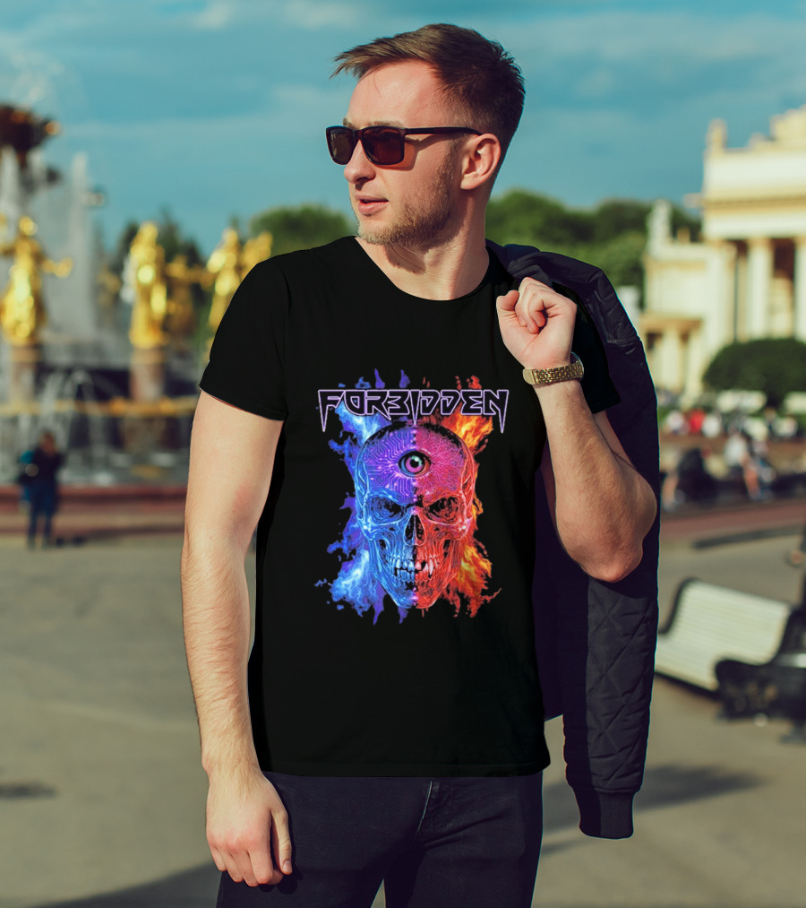 FORBIDDEN Skull Eye Flames Blue Red Fusion T-Shirt
