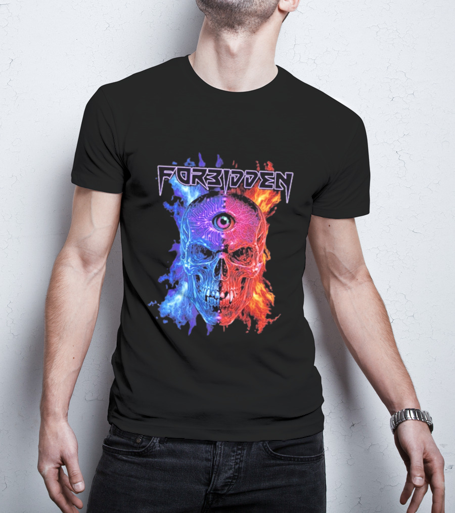FORBIDDEN Skull Eye Flames Blue Red Fusion T-Shirt