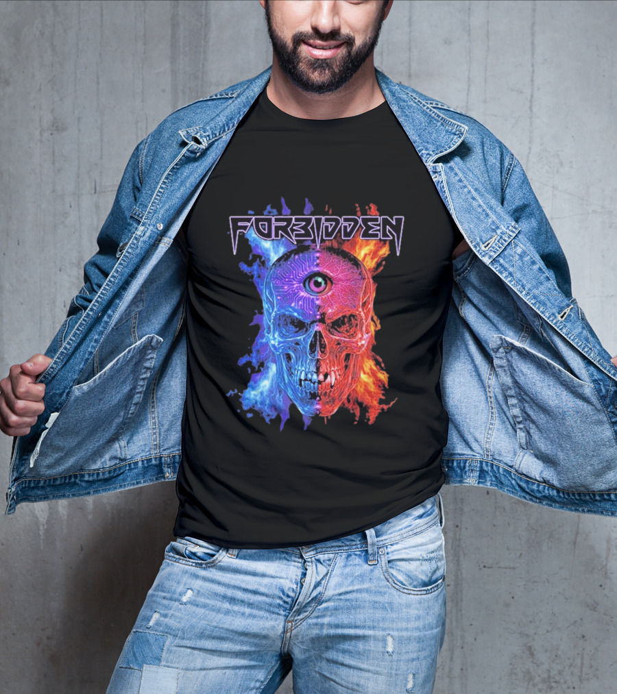 FORBIDDEN Skull Eye Flames Blue Red Fusion T-Shirt
