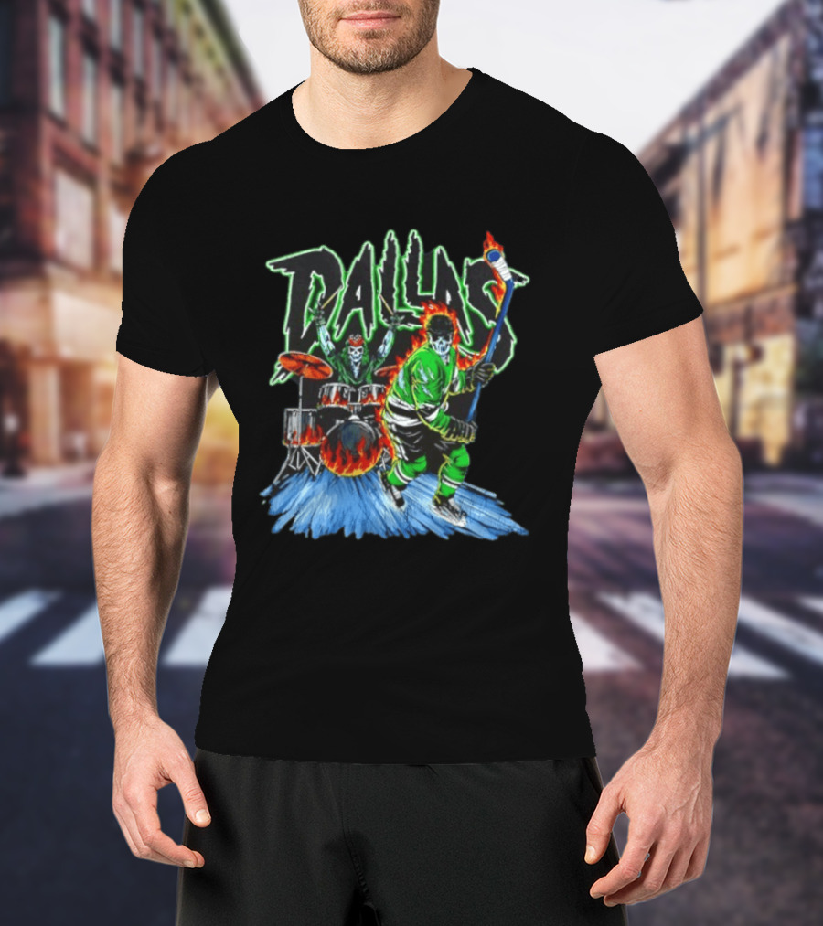 Dallas Stars Skeleton Hockey Fire With Drummer T-Shirt