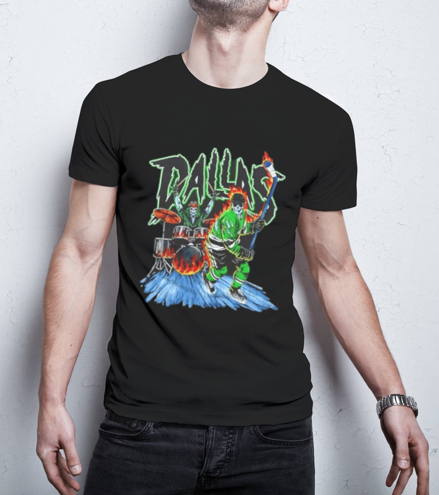 Dallas Stars Skeleton Hockey Fire With Drummer T-Shirt