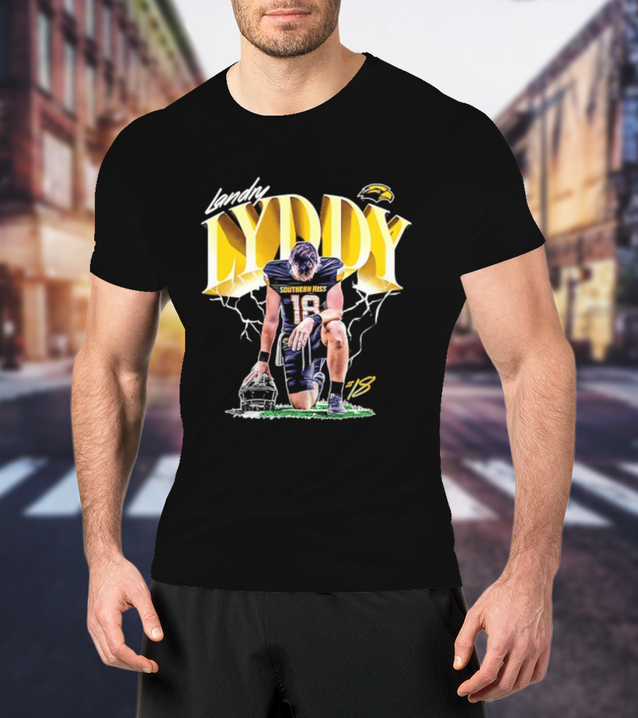 Landry Lyddy 18 Southern Miss Golden Eagles NCAA Football Player Lightning Kneeling Pose T-Shirt