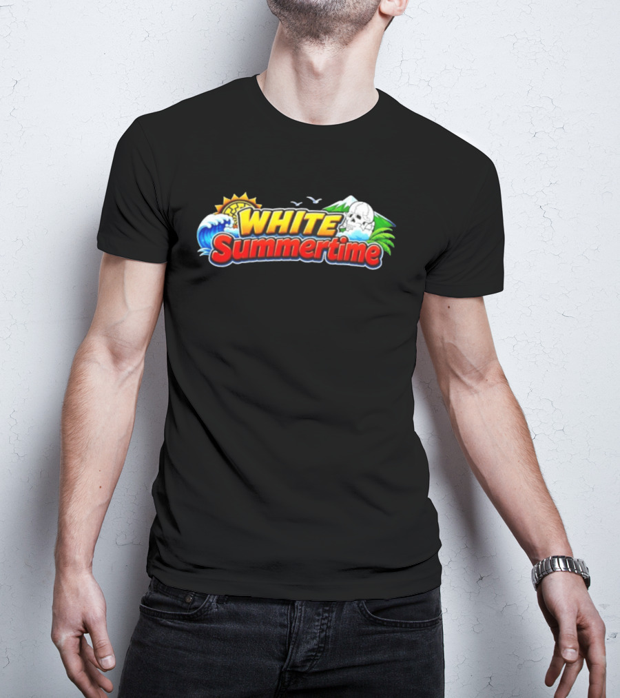 White Summertime Skull Ocean Beach Sun Palm Birds T-Shirt