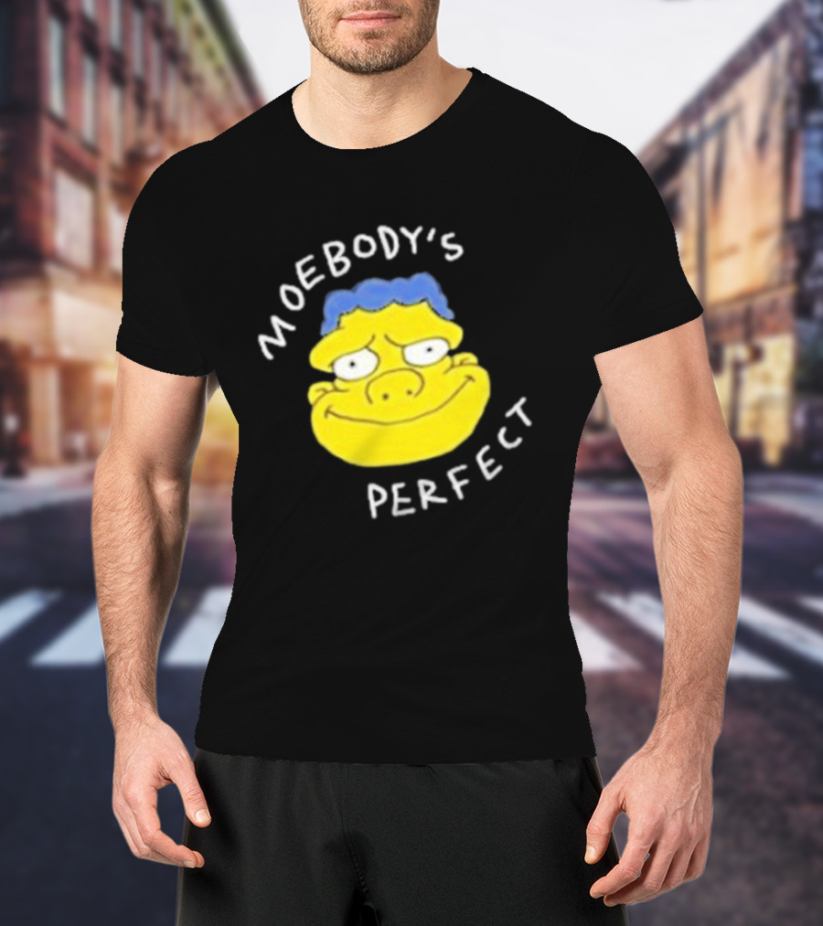 Moebody's Perfect Yellow Cartoon Face With Blue Hair Smirk T-Shirt