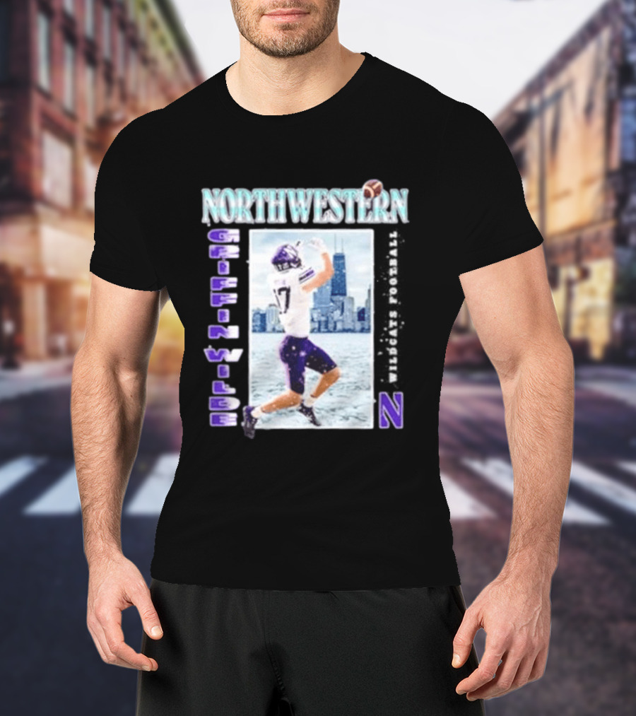 Northwestern Wildcats Football Griffin Wilde No 17 Chicago Skyline T-Shirt