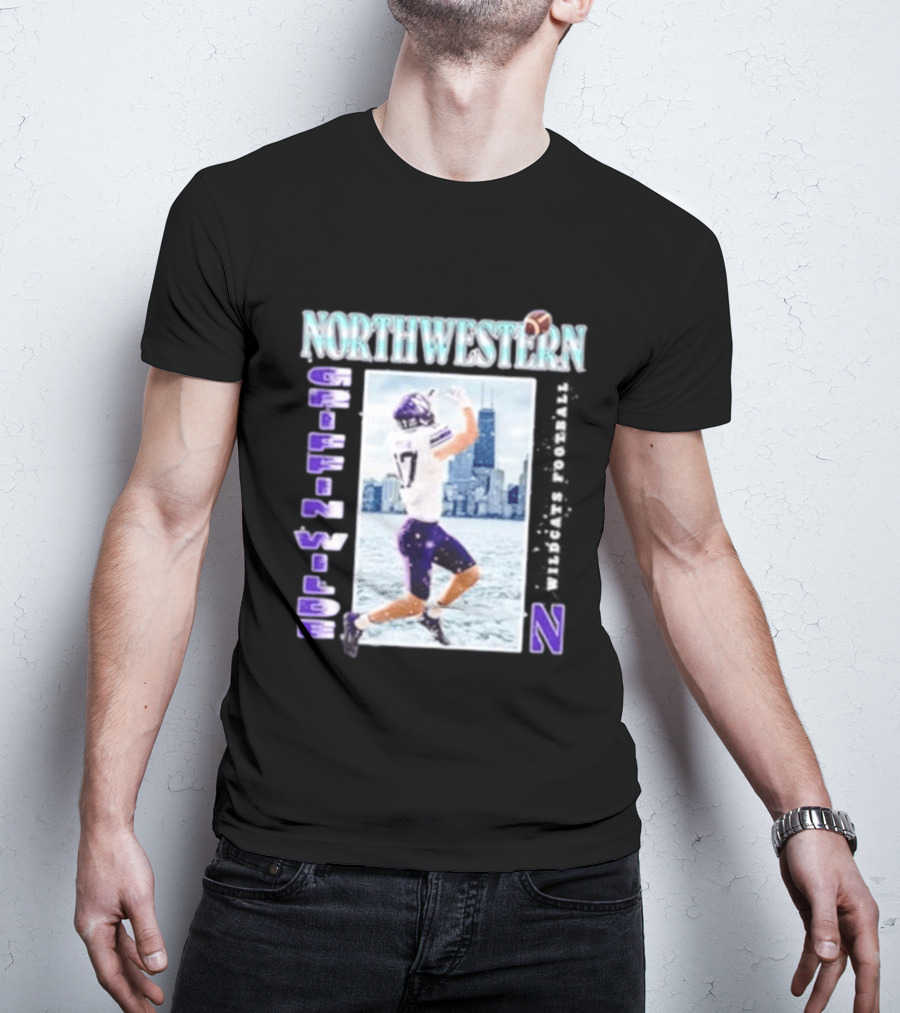 Northwestern Wildcats Football Griffin Wilde No 17 Chicago Skyline T-Shirt