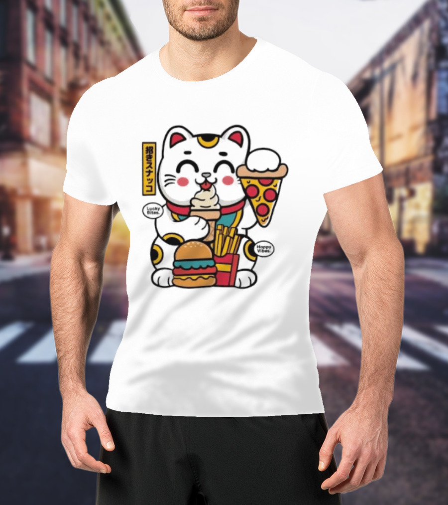 Lucky Bites Happy Vibes Maneki Neko Cat Ice Cream Pizza Burger Fries T-Shirt