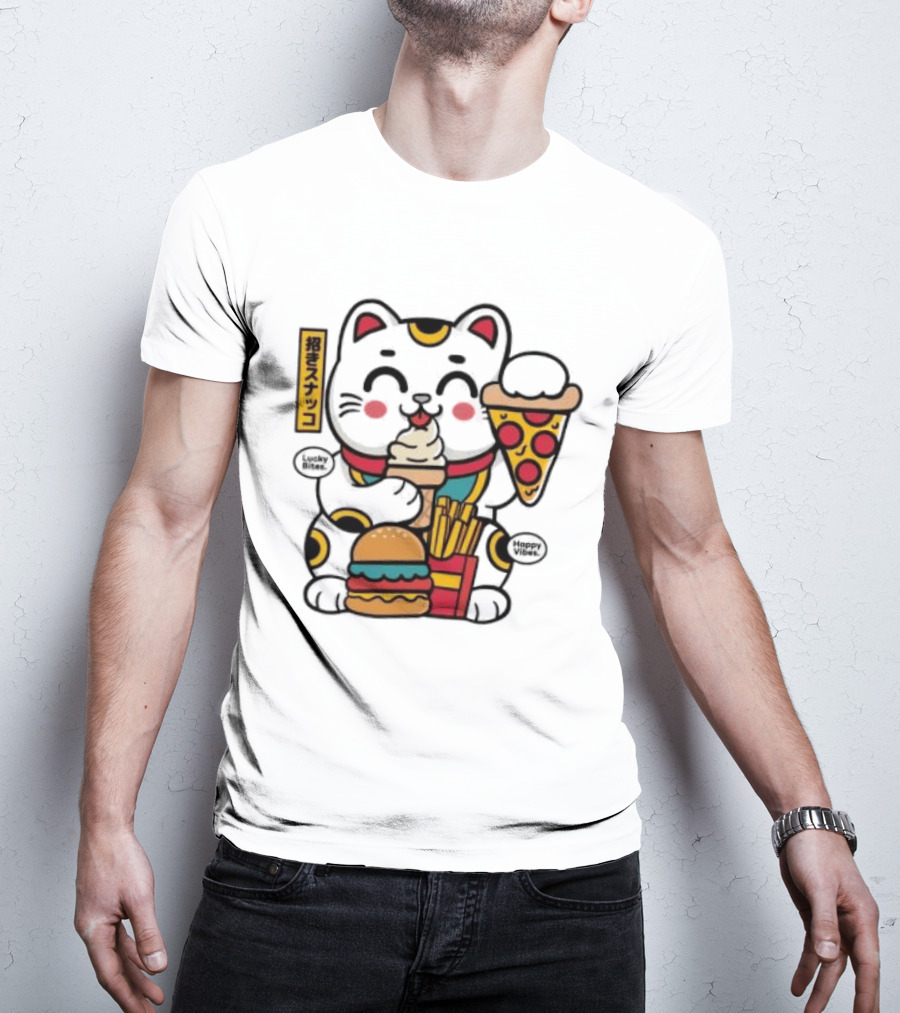 Lucky Bites Happy Vibes Maneki Neko Cat Ice Cream Pizza Burger Fries T-Shirt