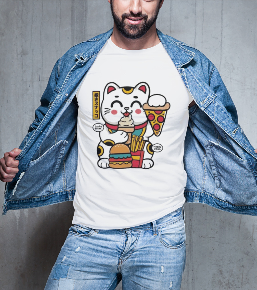 Lucky Bites Happy Vibes Maneki Neko Cat Ice Cream Pizza Burger Fries T-Shirt