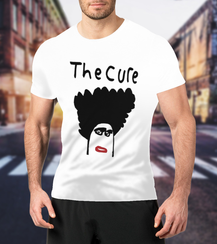The Cure Hand Drawn Robert Smith Bold Hair Red Lips Black Glasses T-Shirt