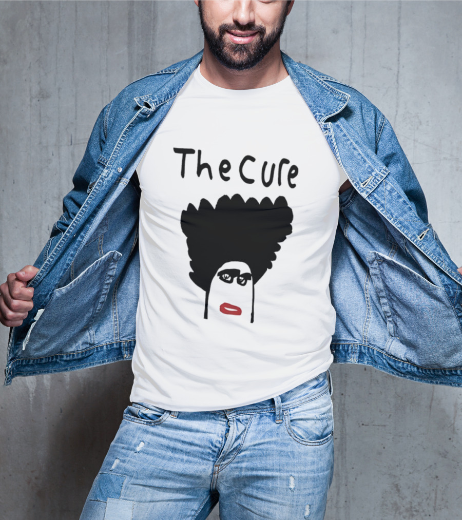The Cure Hand Drawn Robert Smith Bold Hair Red Lips Black Glasses T-Shirt