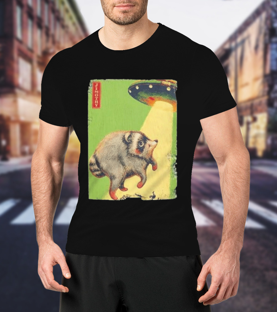 Jimothy Raccoon Abducted By UFO Alien Beam On Green T-Shirt