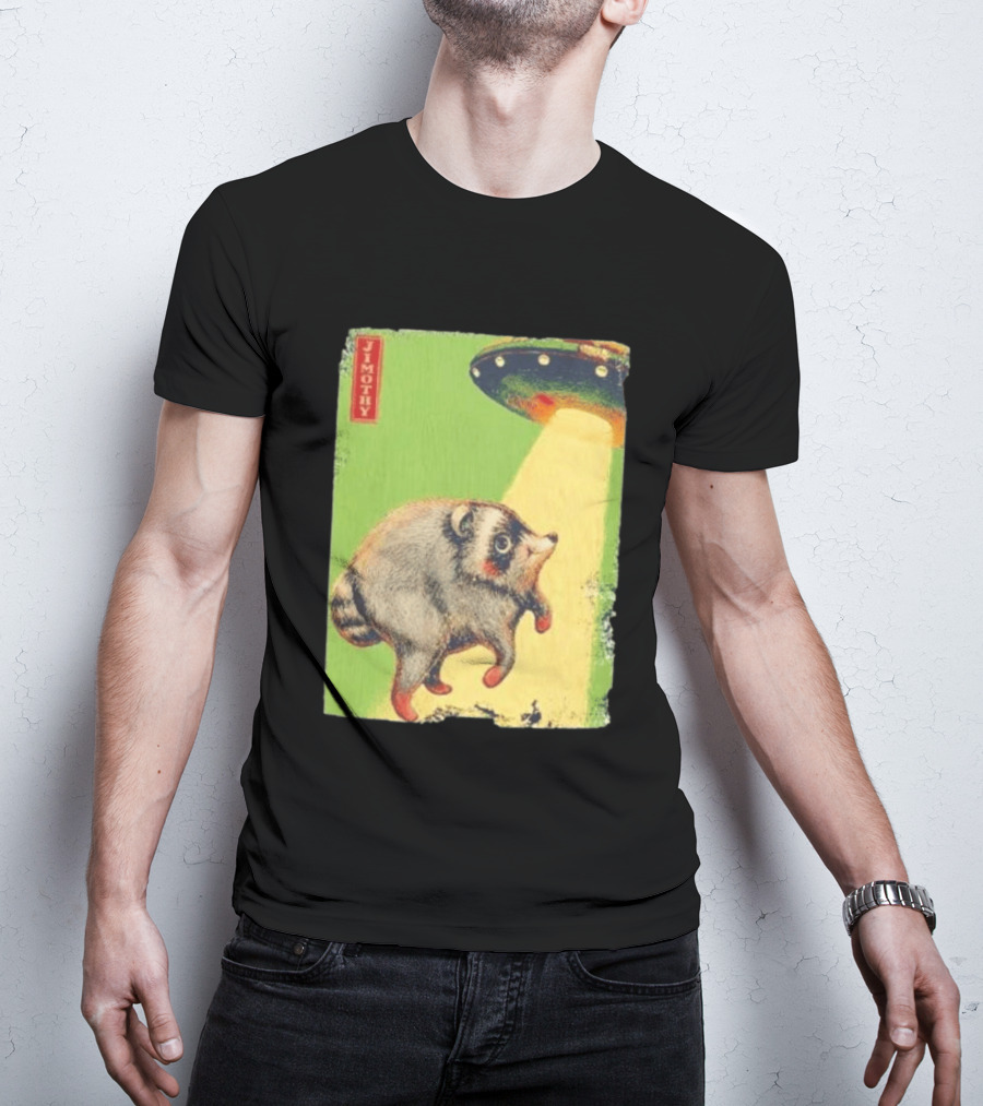 Jimothy Raccoon Abducted By UFO Alien Beam On Green T-Shirt