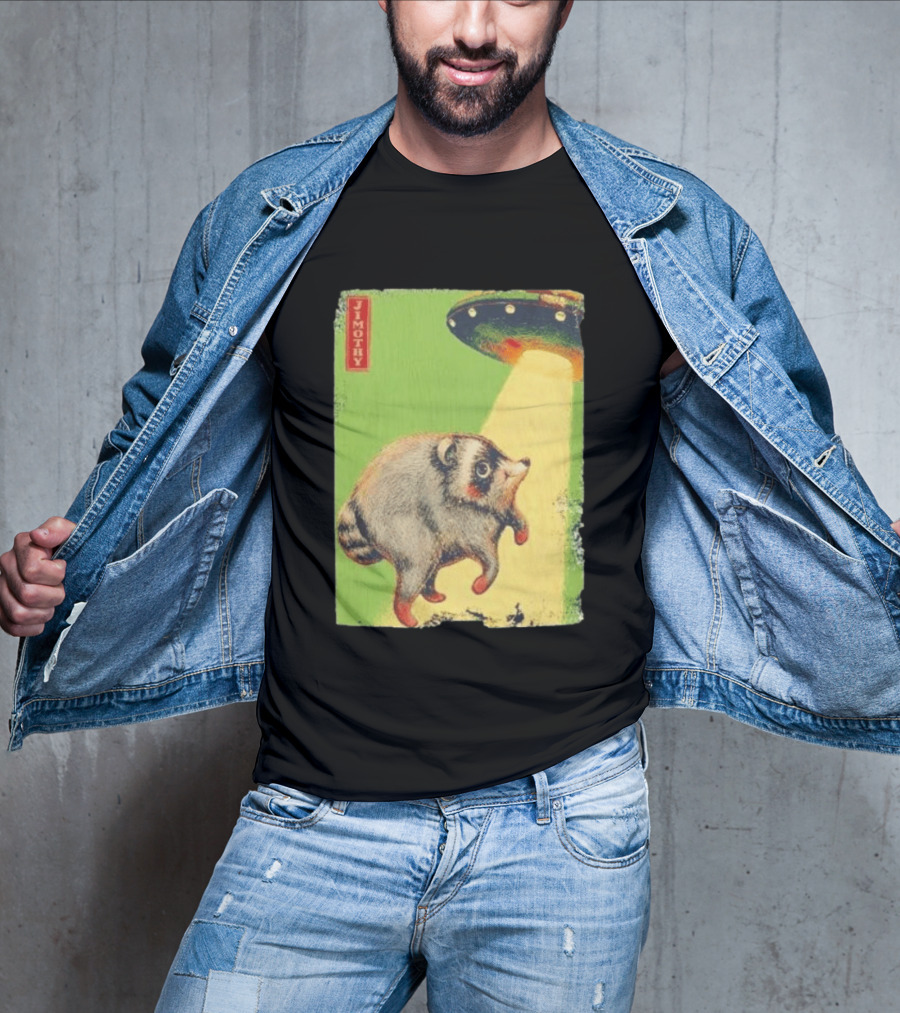 Jimothy Raccoon Abducted By UFO Alien Beam On Green T-Shirt