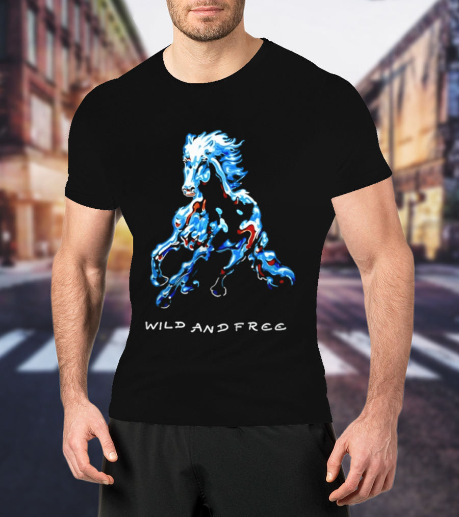 Wild Horse Wild And Free Blue Red Watercolor T-Shirt