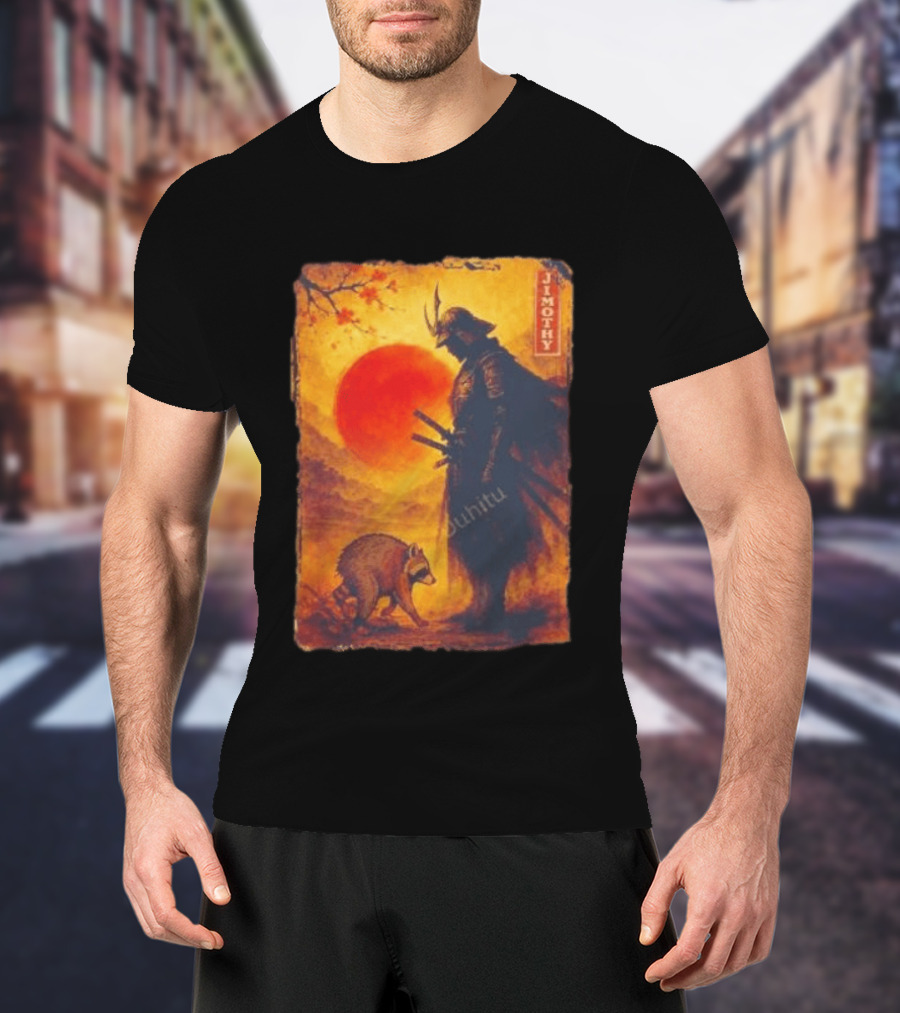 Jimothy Samurai Warrior And Raccoon Japanese Sunset T-Shirt