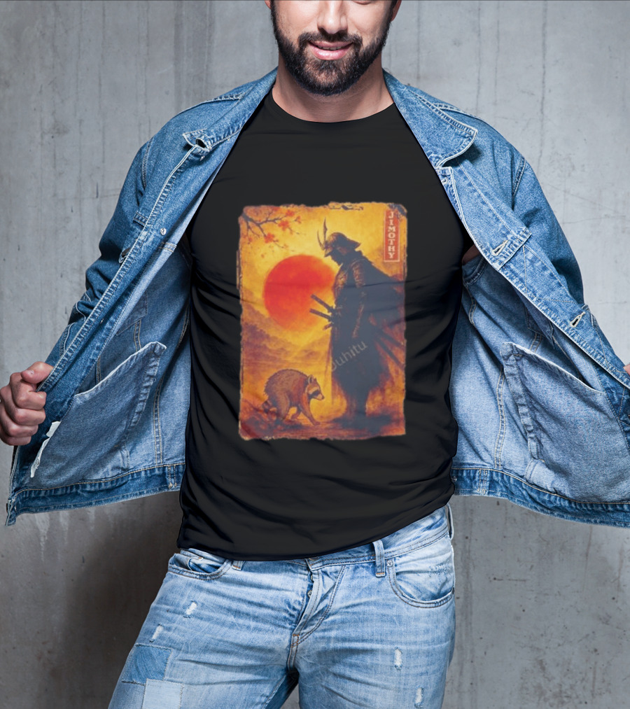 Jimothy Samurai Warrior And Raccoon Japanese Sunset T-Shirt