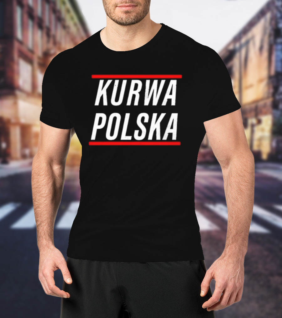 Kurwa Polska Bold White Text Design Red Lines T-Shirt