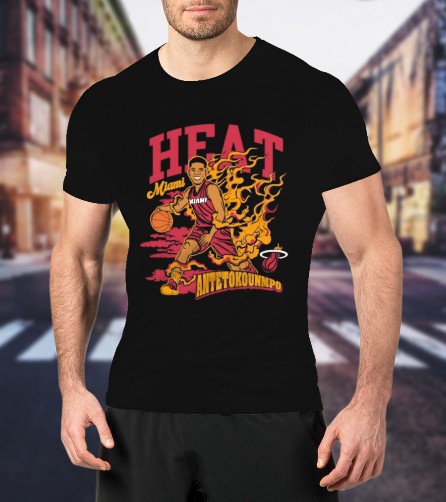 Miami Heat Giannis Antetokounmpo Basketball Caricature With Flames T-Shirt
