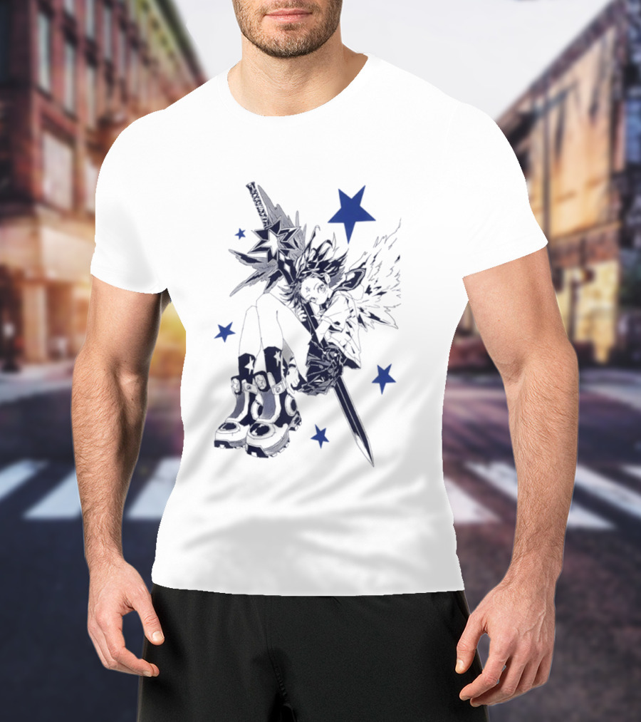 Arkestar Anime Girl Sword Wings Blue Stars T-Shirt