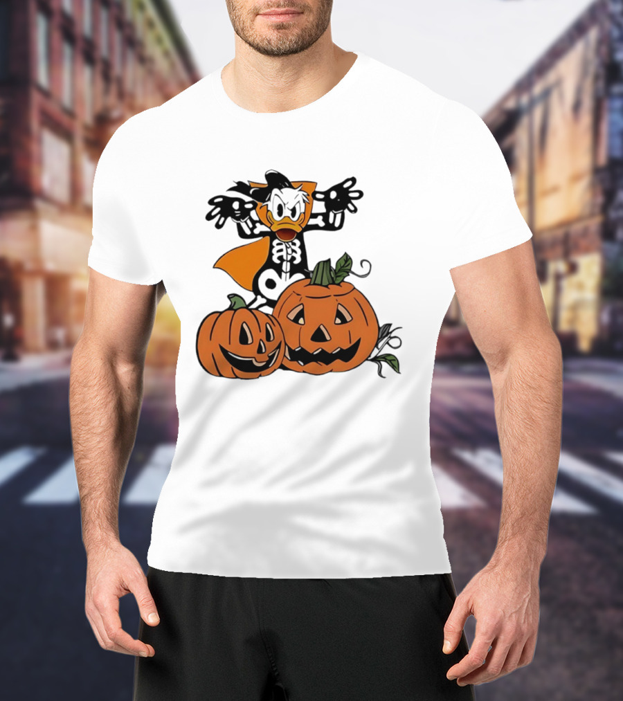 Donald Duck Skeleton Costume With Pumpkins Disney Halloween T-Shirt