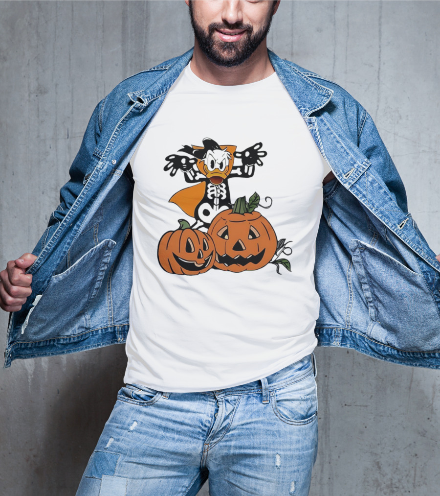 Donald Duck Skeleton Costume With Pumpkins Disney Halloween T-Shirt