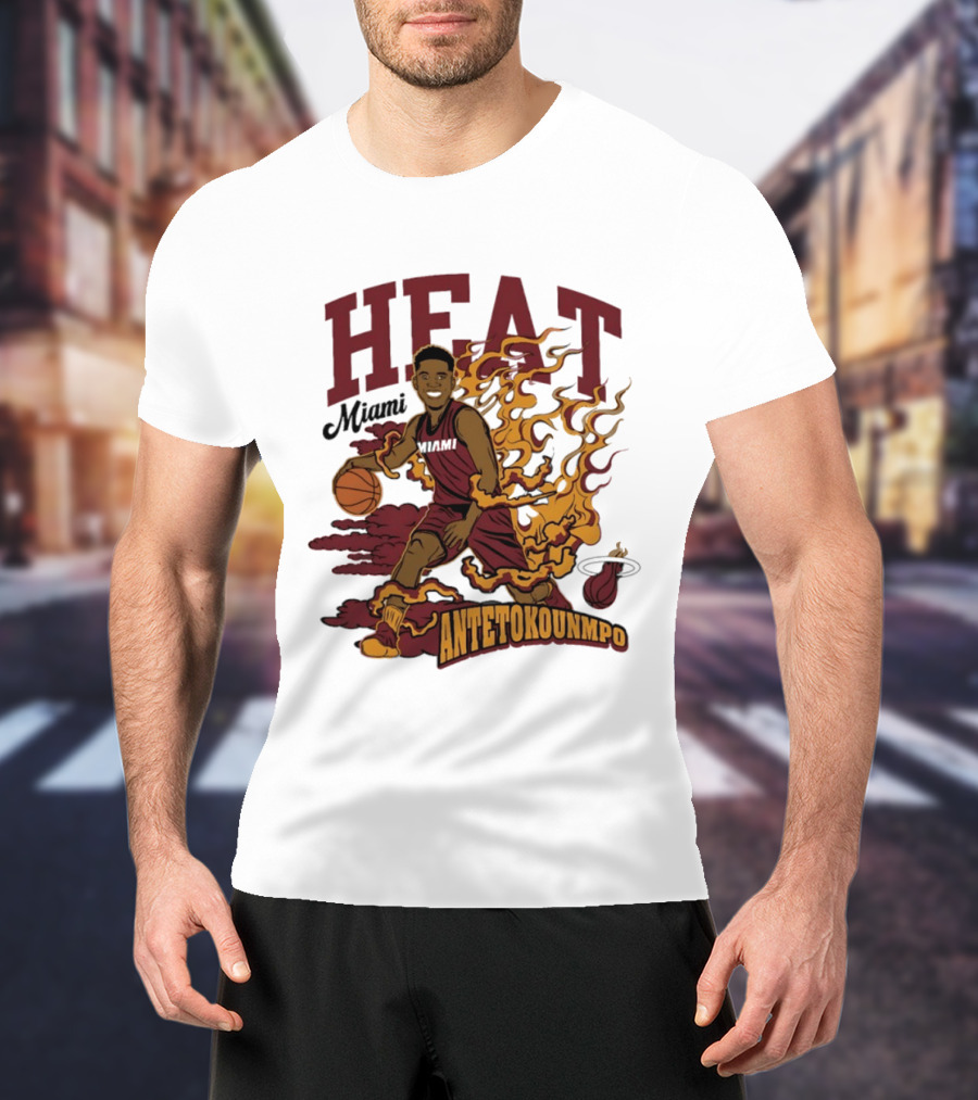 Miami Heat Antetokounmpo Basketball Flame Comic T-Shirt