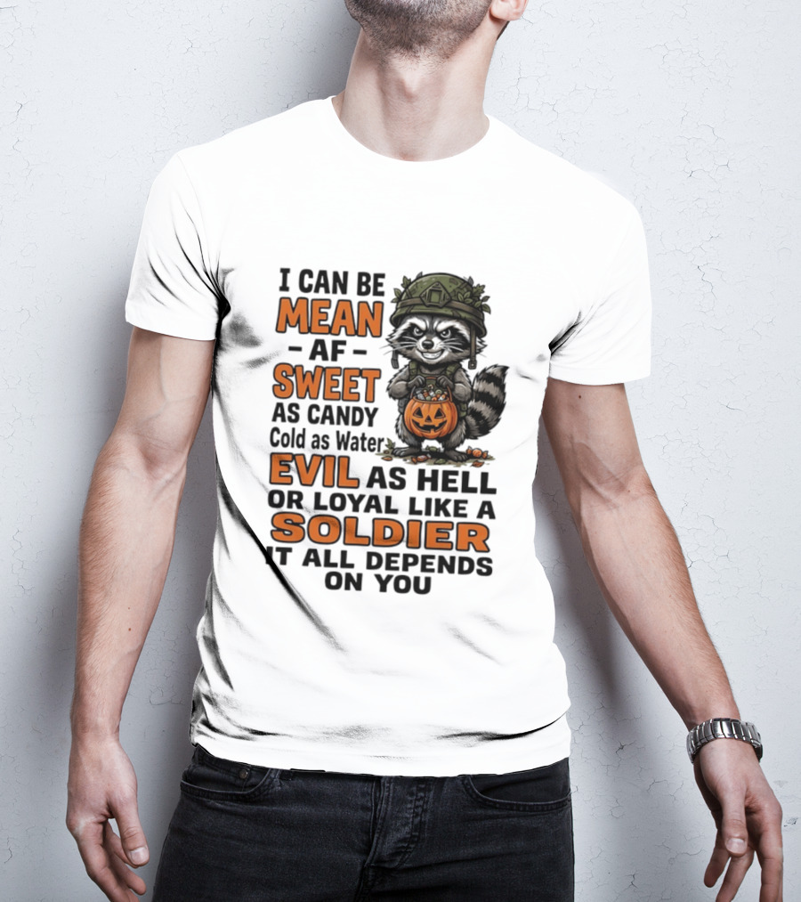 Raccoon I Can Be Mean AF Sweet As Candy Cold As Water Evil As Hell Or Loyal Like A Soldier It All Depends On You T-Shirt