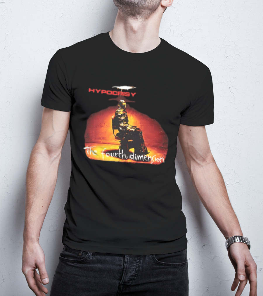 Hypocrisy The Fourth Dimension Red Text And Seated Figure T-Shirt