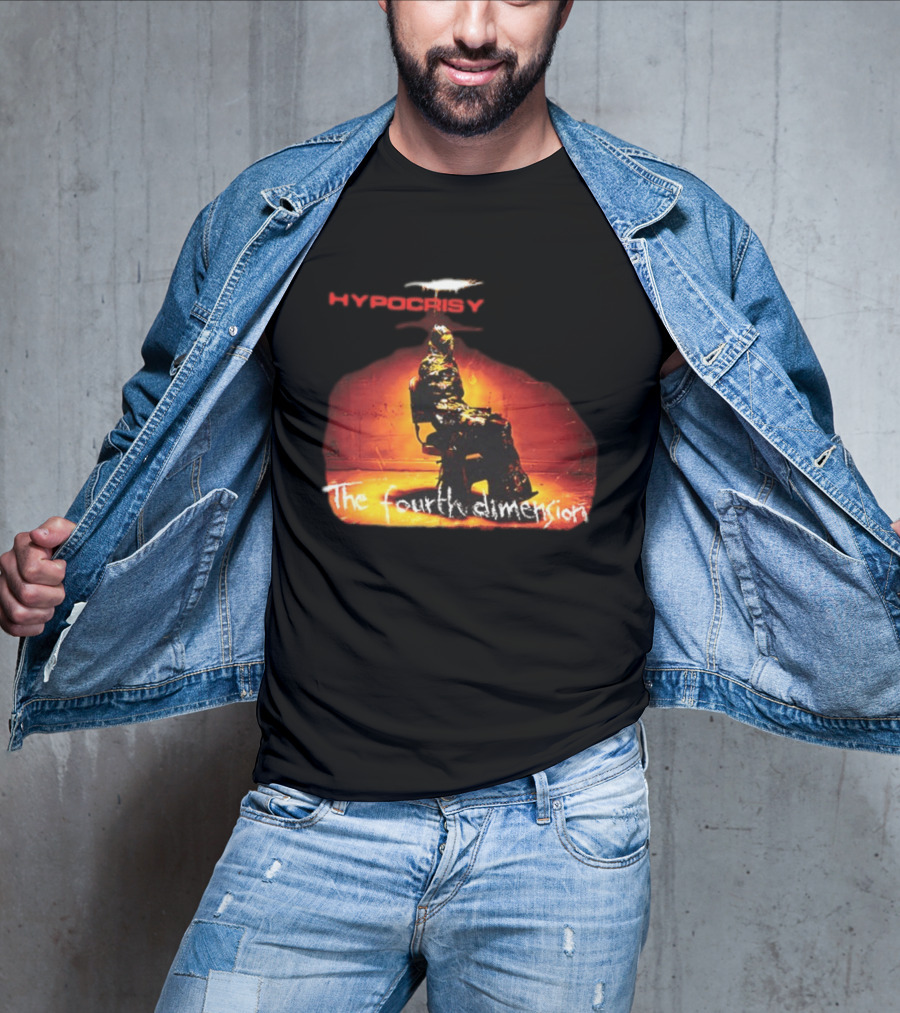 Hypocrisy The Fourth Dimension Red Text And Seated Figure T-Shirt