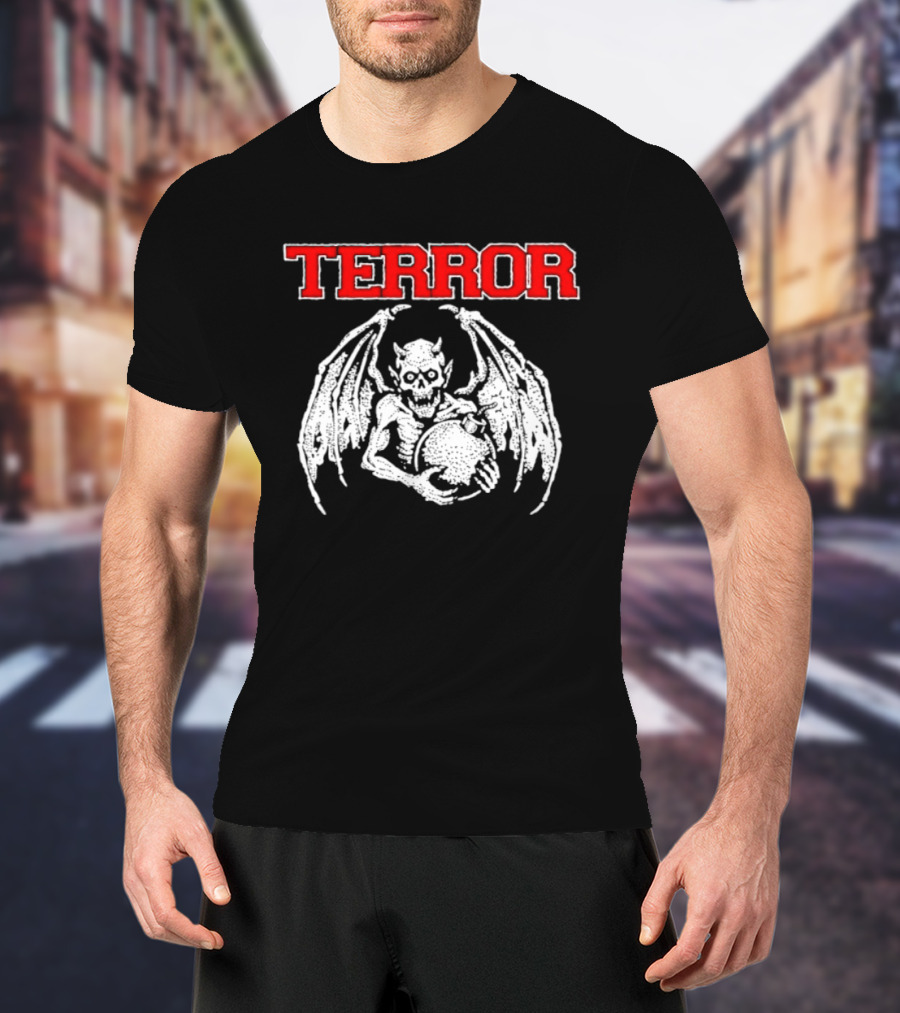 Terror Red Lettering Demon With Wings Holding Bomb T-Shirt