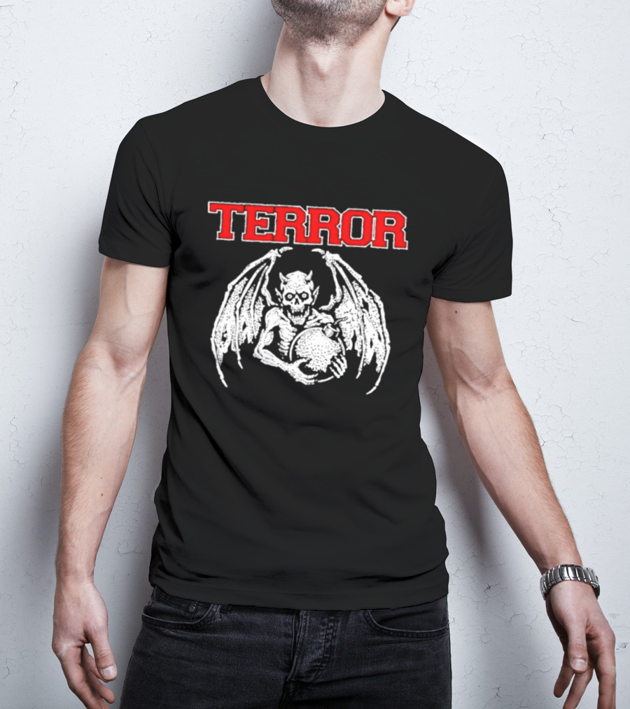 Terror Red Lettering Demon With Wings Holding Bomb T-Shirt