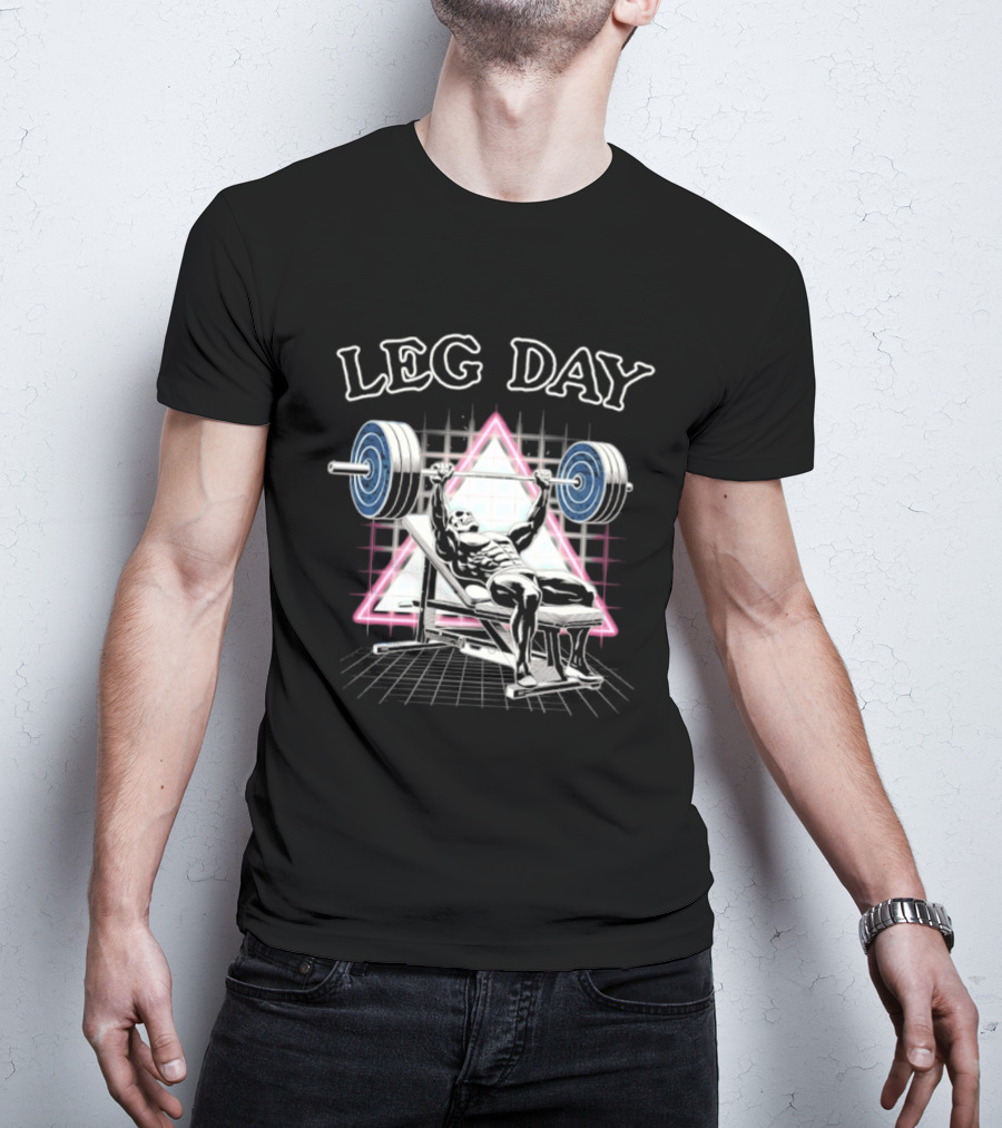 Leg Day Skeleton Weightlifting Gym Bodybuilding 80s Aesthetic Neon Triangle T-Shirt
