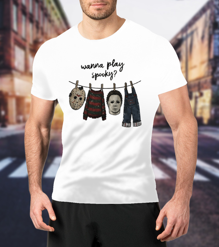 Wanna Play Spooky Halloween Horror Mask And Costume References T-Shirt