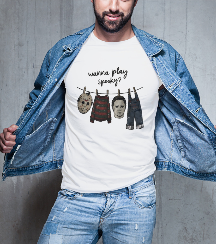 Wanna Play Spooky Halloween Horror Mask And Costume References T-Shirt