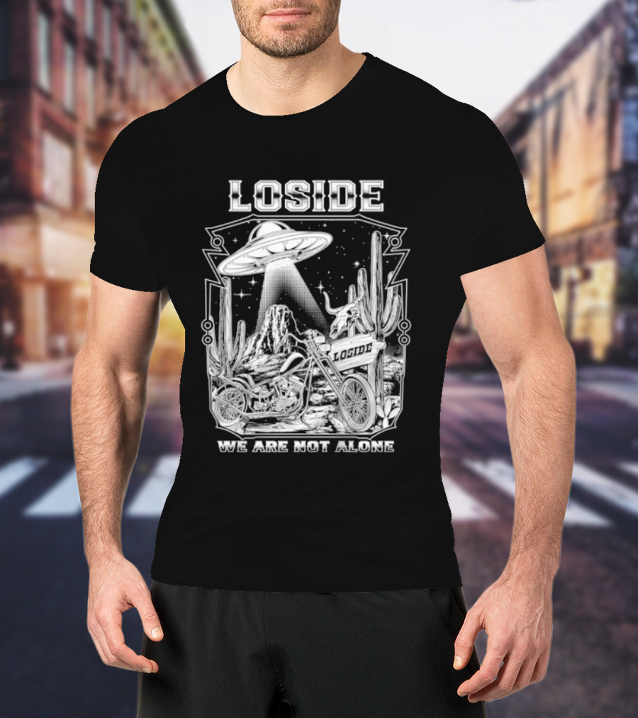 Loside We Are Not Alone UFO Motorcycle Desert Scene Cactus Stars T-Shirt