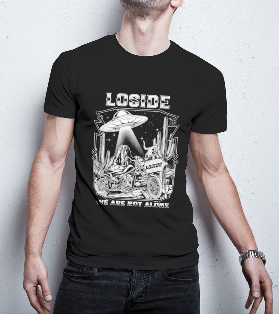 Loside We Are Not Alone UFO Motorcycle Desert Scene Cactus Stars T-Shirt