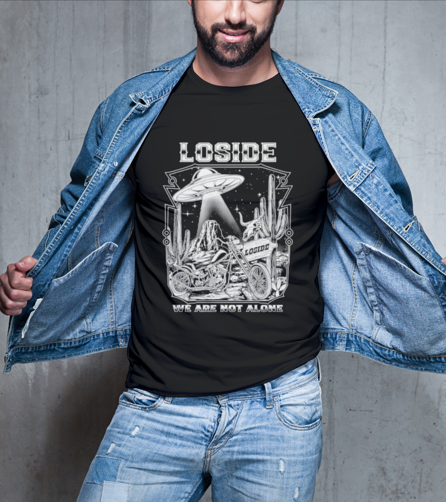 Loside We Are Not Alone UFO Motorcycle Desert Scene Cactus Stars T-Shirt