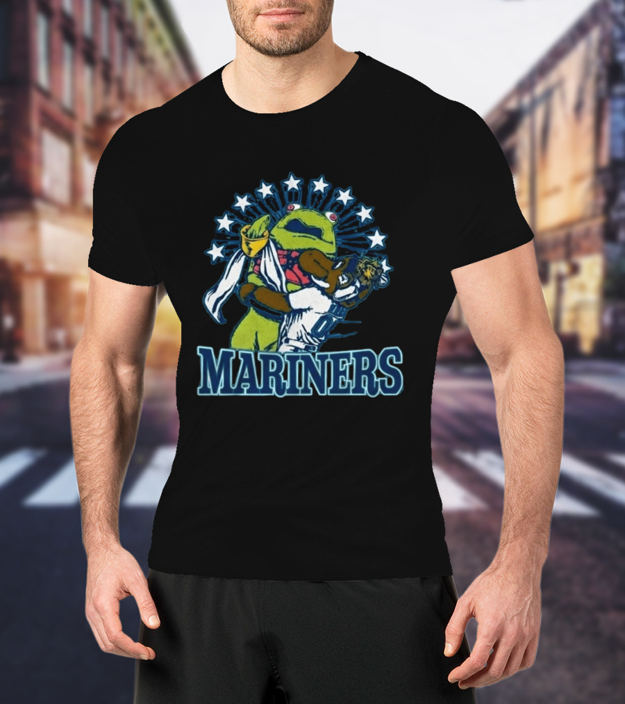 Mariner Moose Hugs Humpy Salmon With Mariners Stars T-Shirt