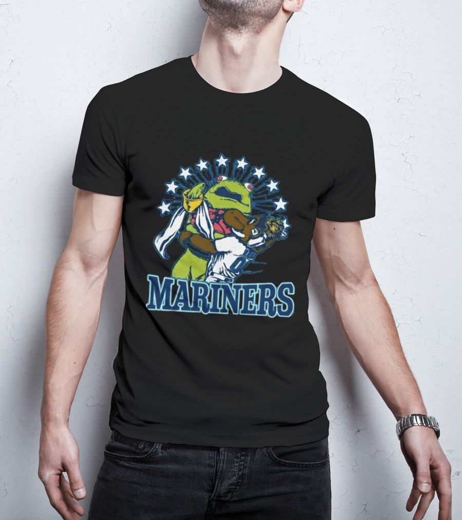 Mariner Moose Hugs Humpy Salmon With Mariners Stars T-Shirt