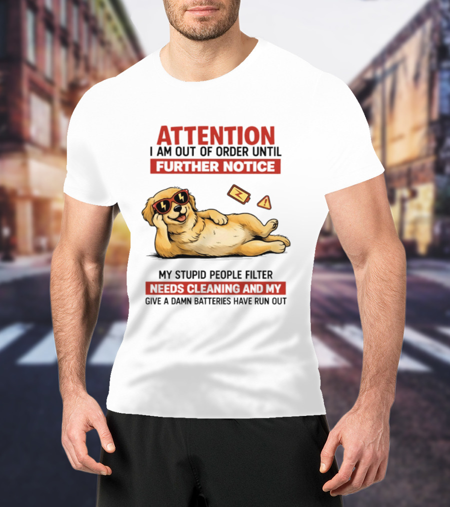 Golden Retriever Attention Out Of Order Until Further Notice Stupid People Filter Needs Cleaning Batteries Run Out T-Shirt