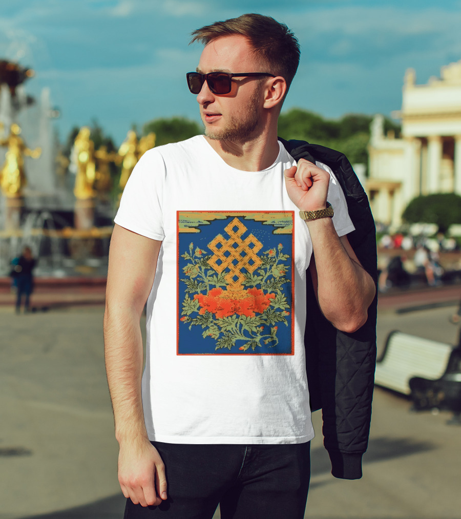 Srivatsa Endless Knot Floral Design Buddhist Symbol With Blossoms T-Shirt
