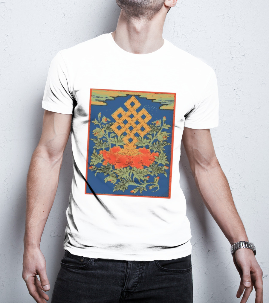 Srivatsa Endless Knot Floral Design Buddhist Symbol With Blossoms T-Shirt
