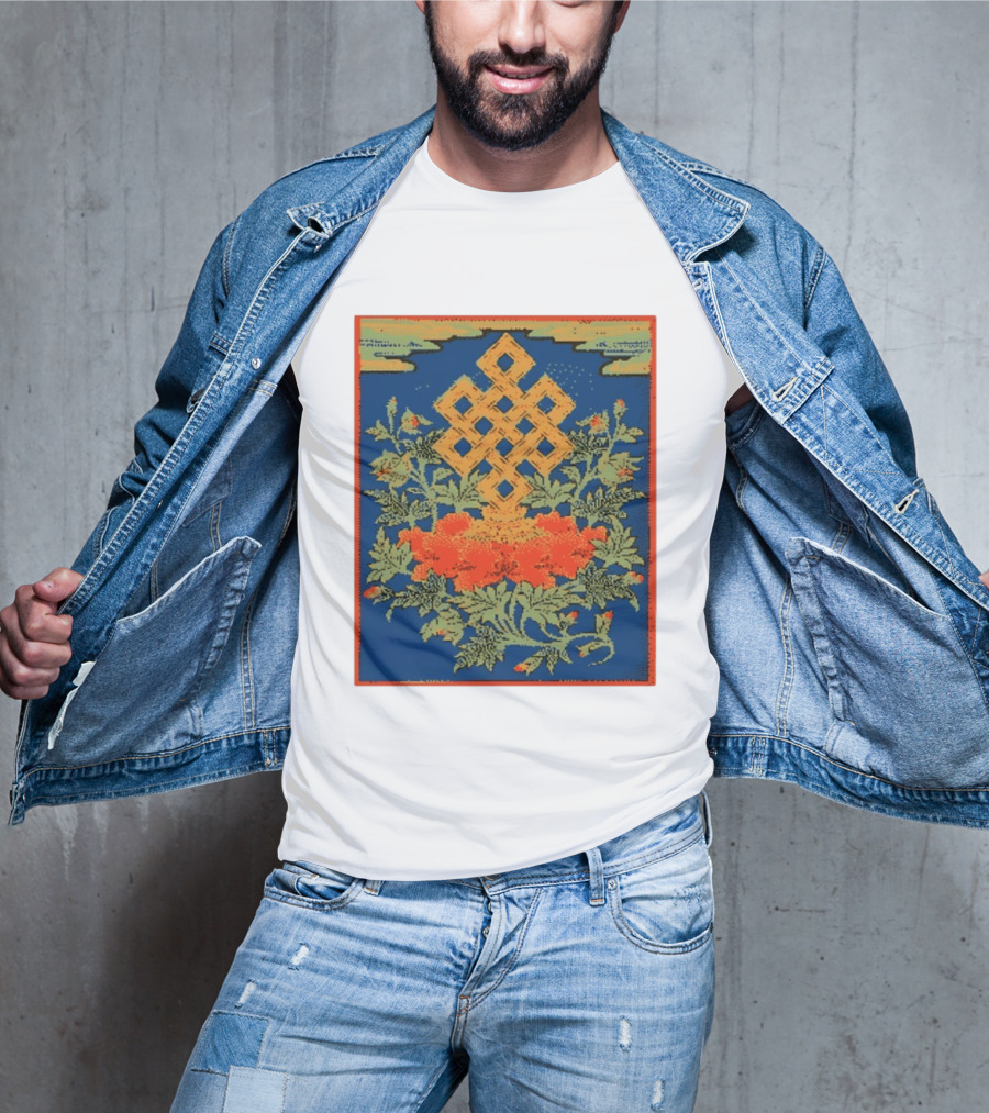 Srivatsa Endless Knot Floral Design Buddhist Symbol With Blossoms T-Shirt